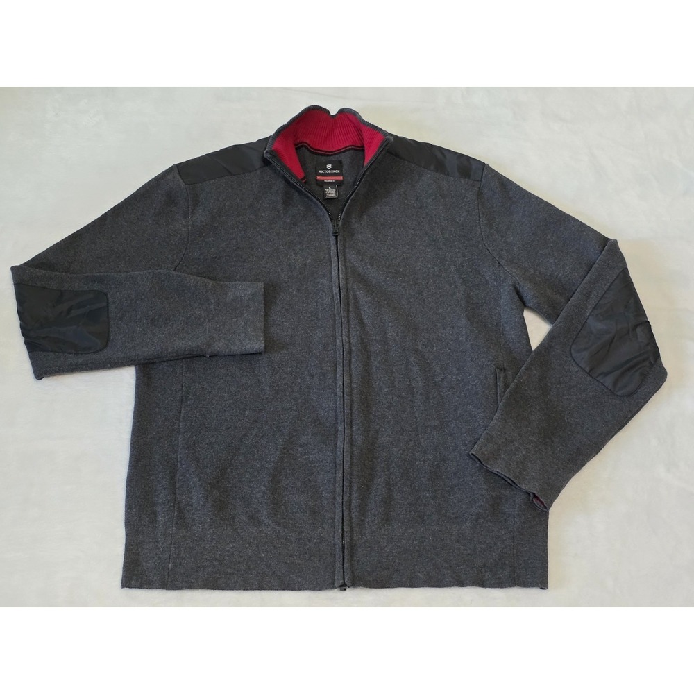 Victorinox Swiss Army Tailored Fit Mens Large Gray Full Zip Sweater Elbow Patch